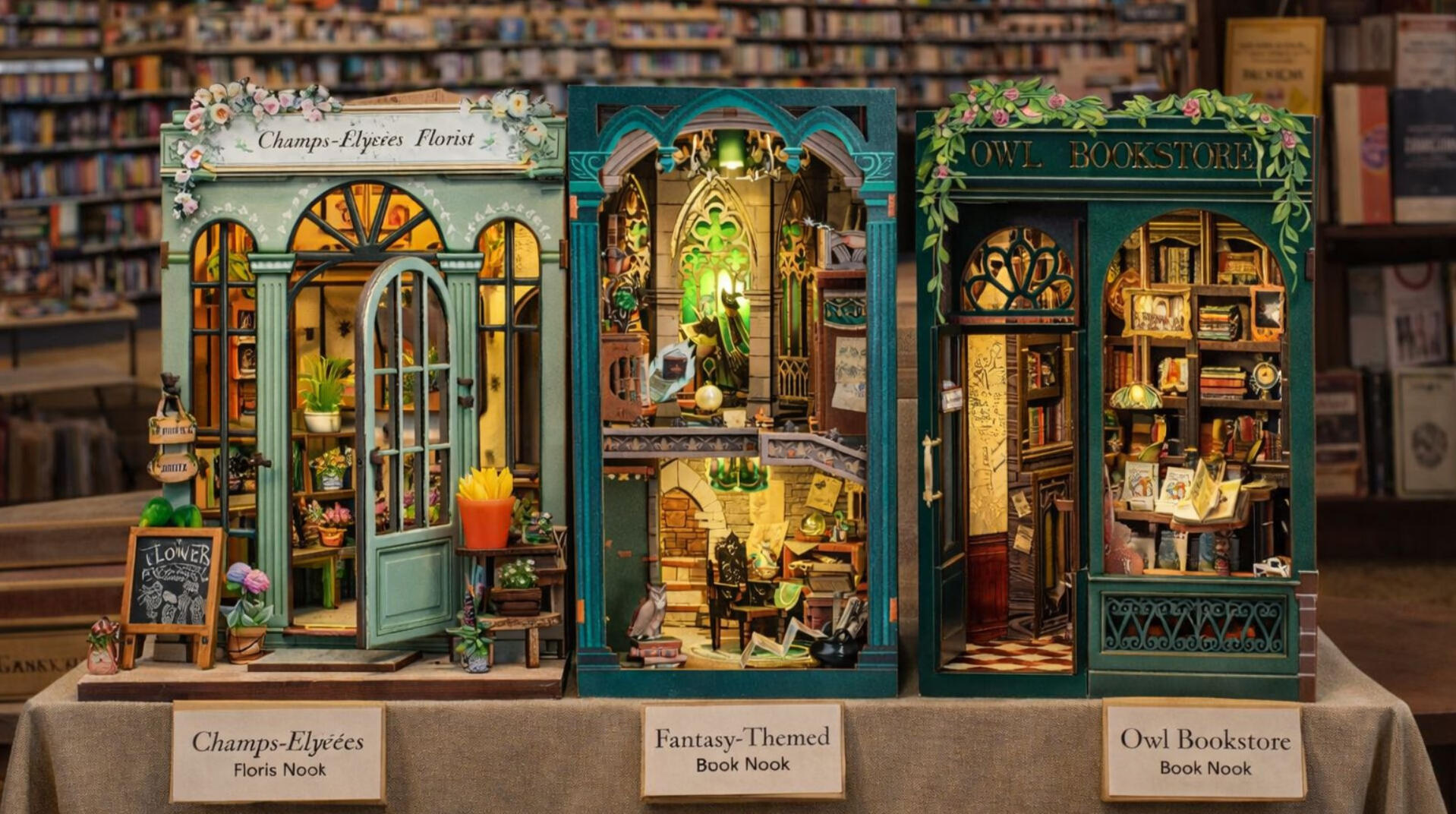 A row of Book Nooks in a bookstore